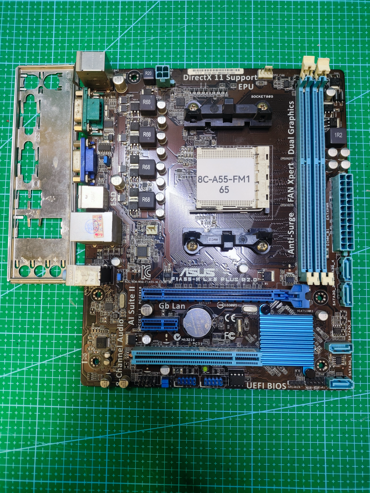 ASUS A55 Motherboard AMD FM1 - Tested Refurbished Board - full board and I/O shield view
