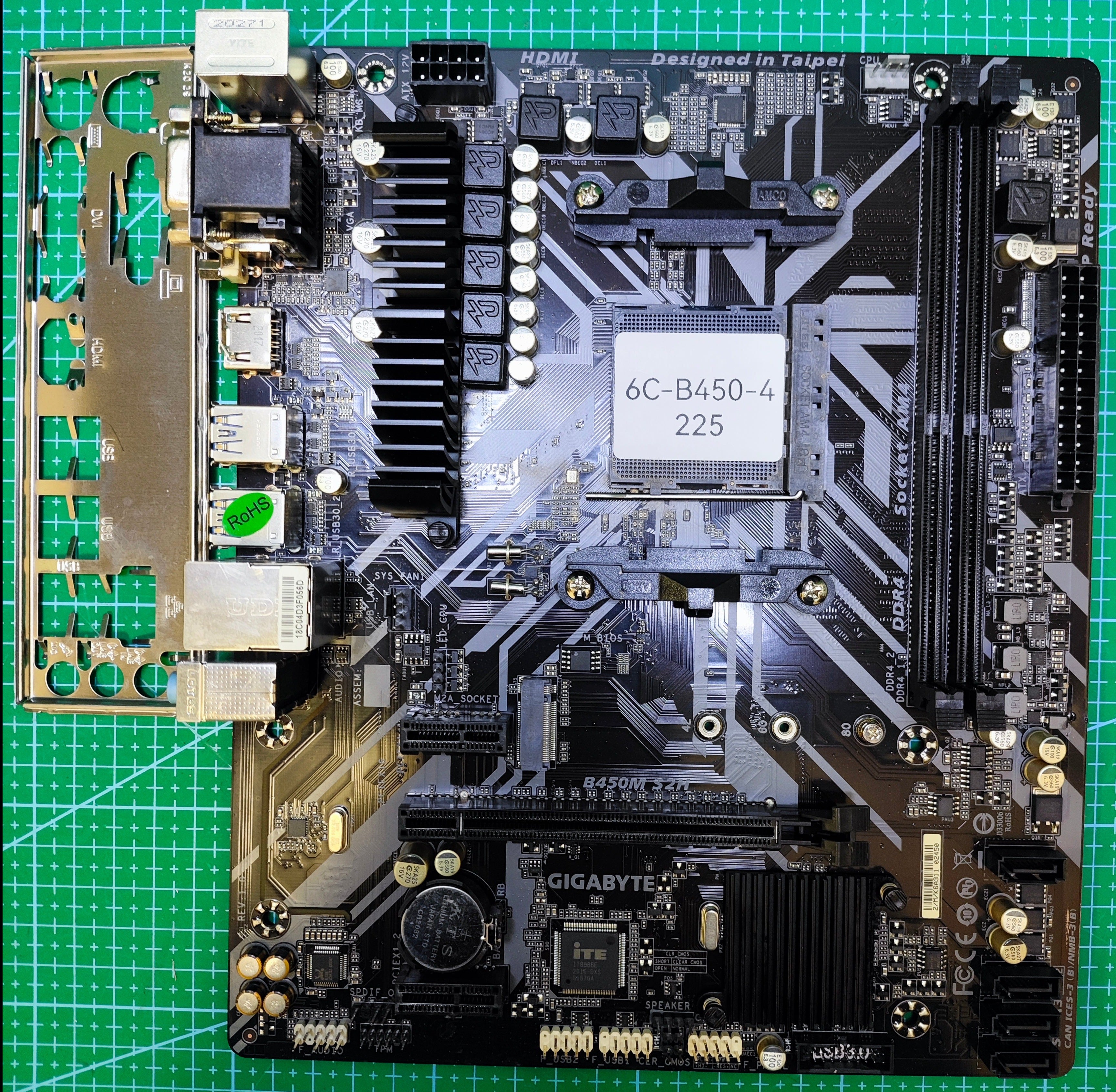 GIGABYTE B450 Motherboard AMD Ryzen AM4 Socket - A520 B350 A320 Platform - Tested Refurbished Board - full board and I/O shield view