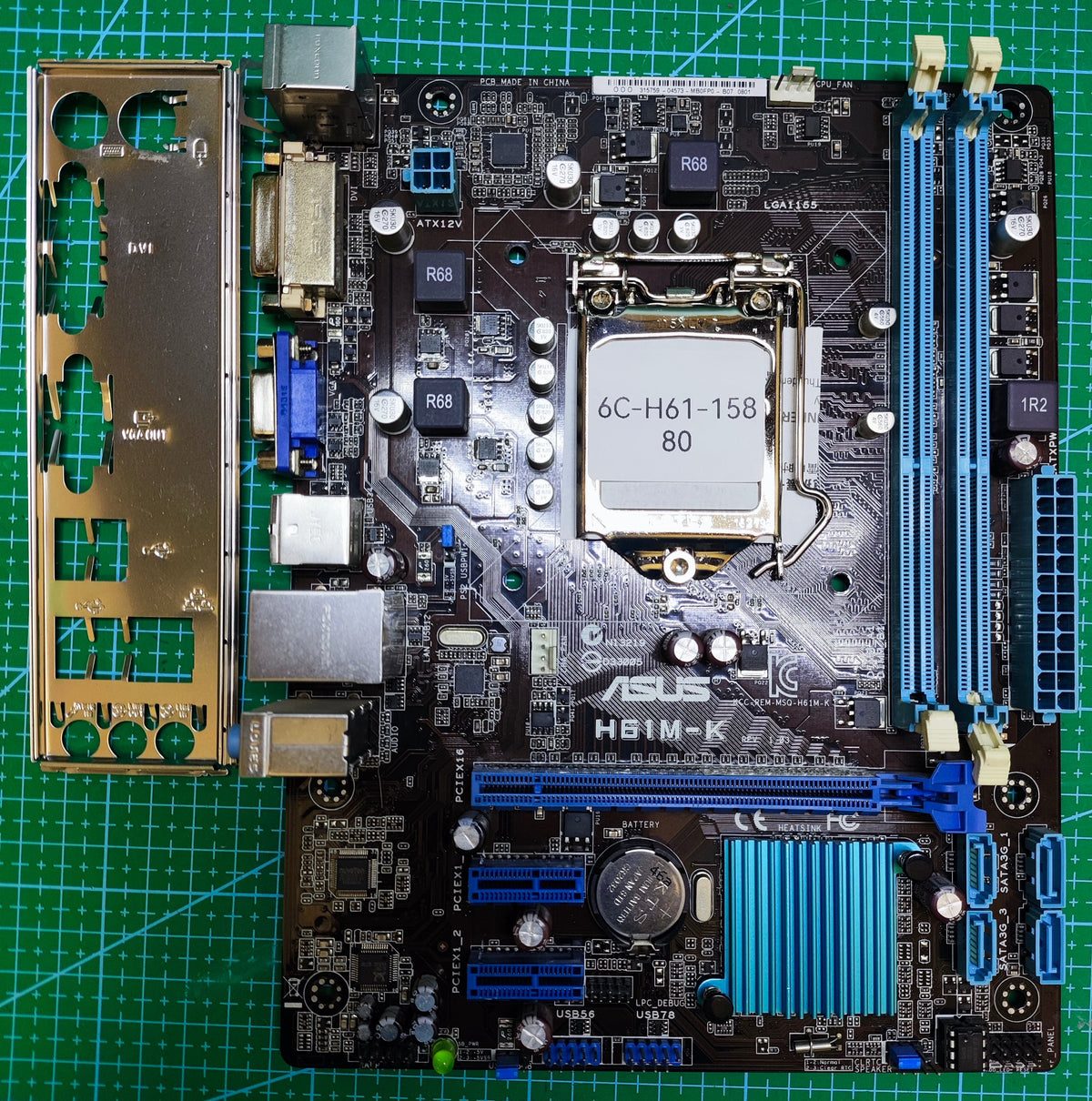 ASUS H61 Motherboard LGA 1155 Intel 2Gen 3Gen / B75 P61 Z77 - Tested Refurbished Board - full board and I/O shield view