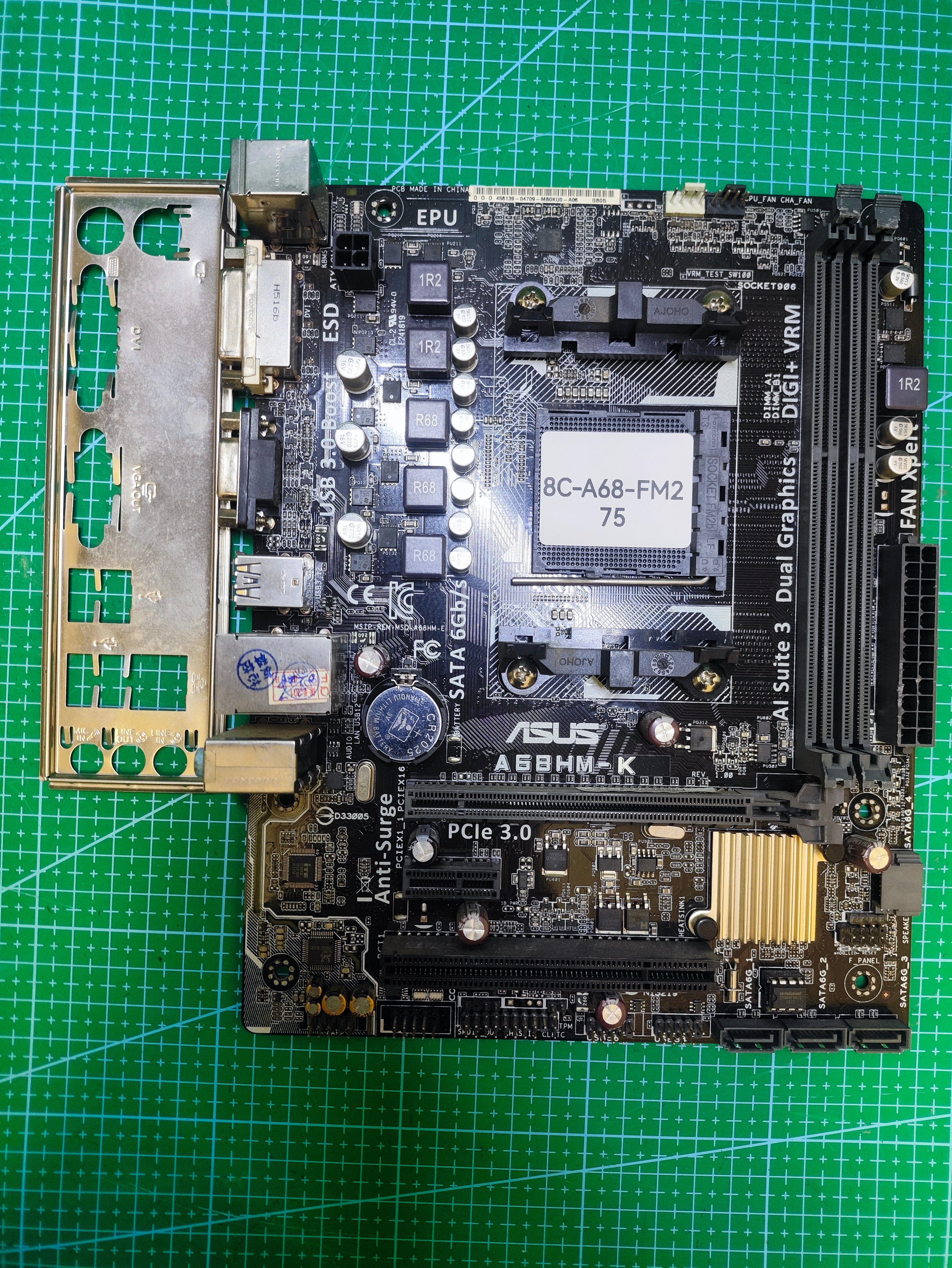 ASUS A68H Motherboard AMD FM2 / FM2+ A58 A88 A78 A68 - Tested Refurbished Board - full board and I/O shield view