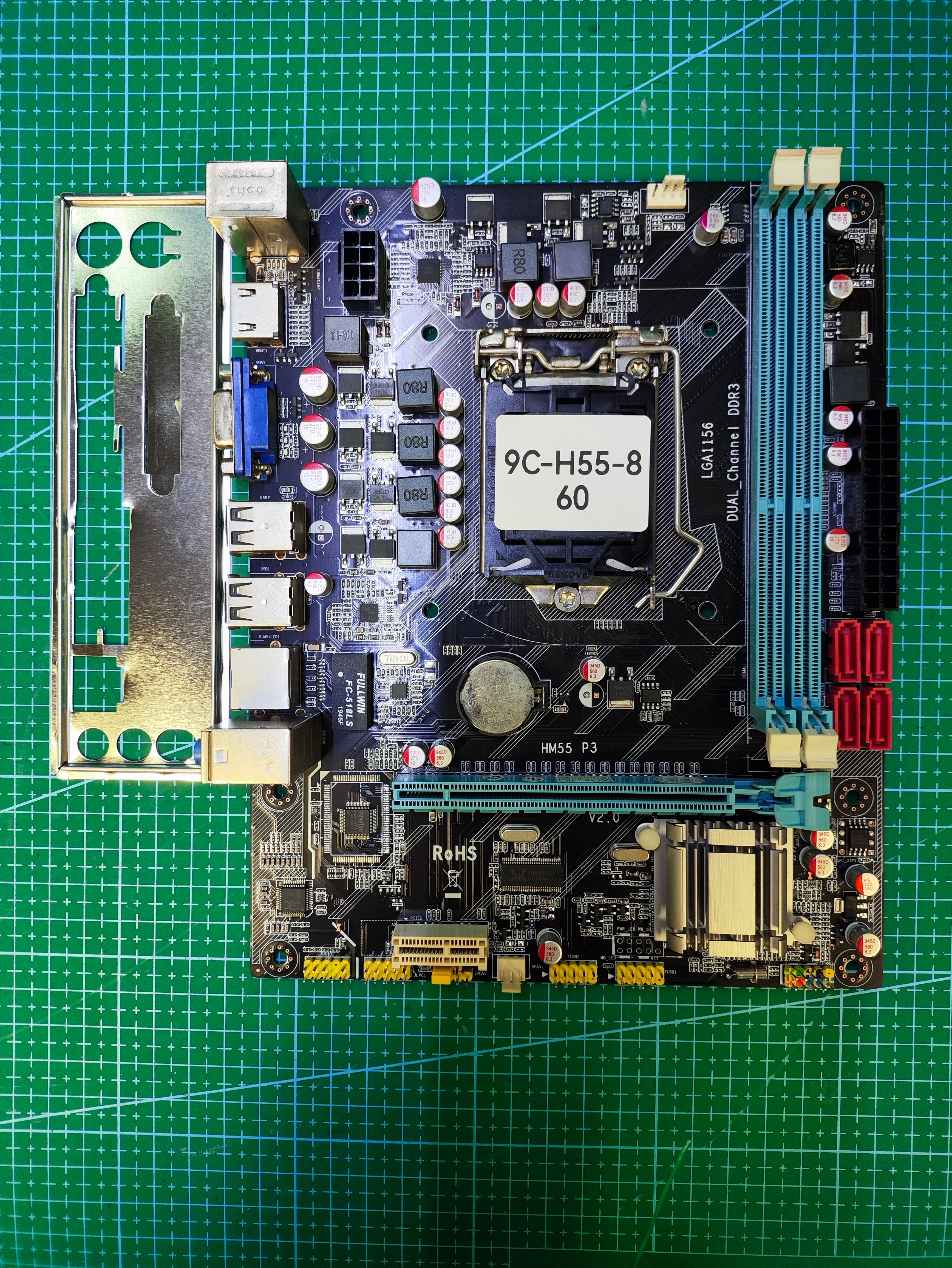 Intel H55 OEM Motherboard LGA 1156 Intel 1st Gen - Refurbished 90-Day Warranty - full board and I/O shield view