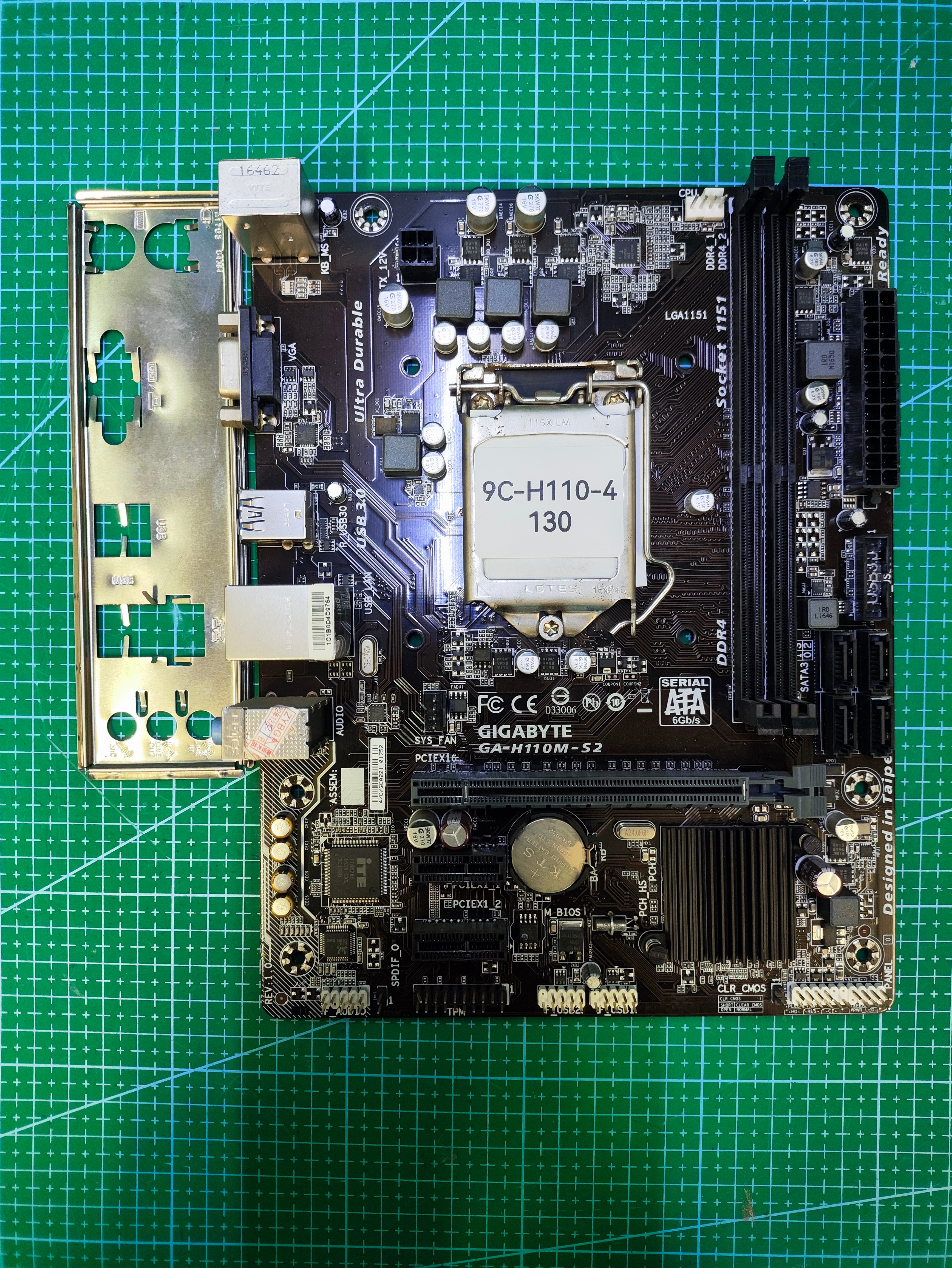 GIGABYTE H110 Motherboard LGA 1151 Intel 6Gen 7Gen / B150 H170 Z170 - Tested Refurbished Board - full board and I/O shield view