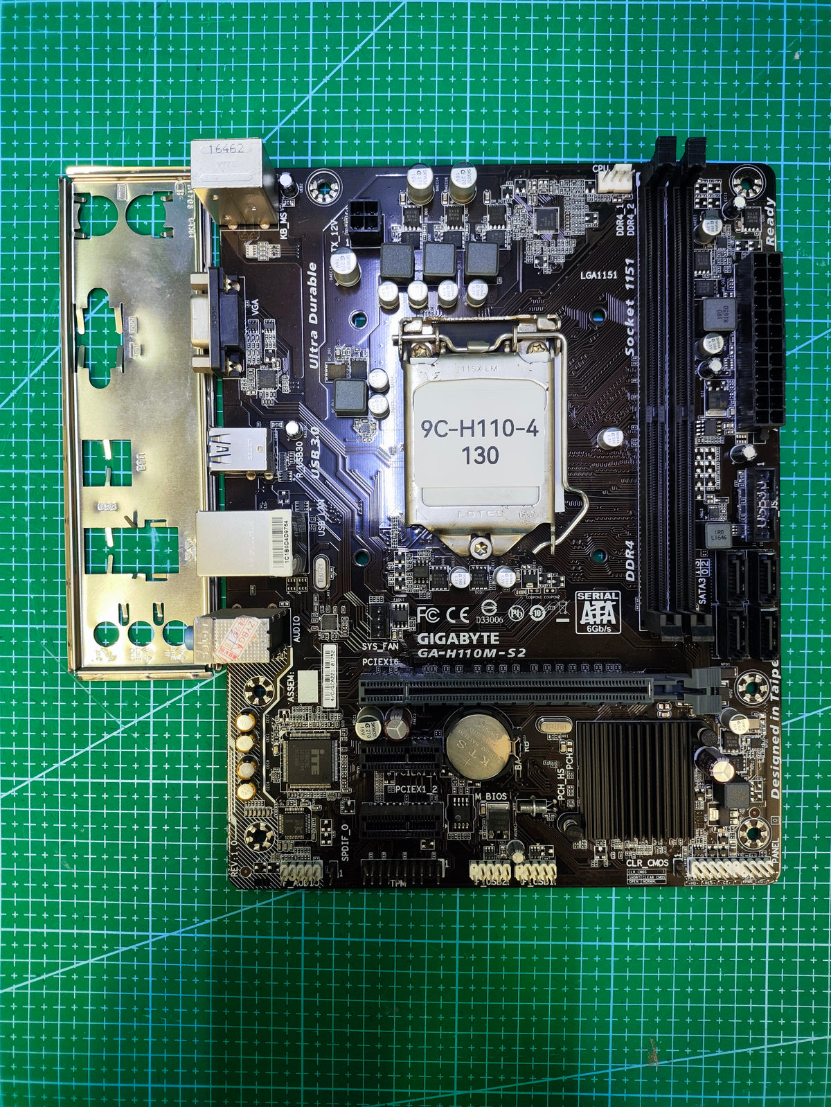 GIGABYTE H110 Motherboard LGA 1151 Intel 6Gen 7Gen / B150 H170 Z170 - Tested Refurbished Board - full board and I/O shield view