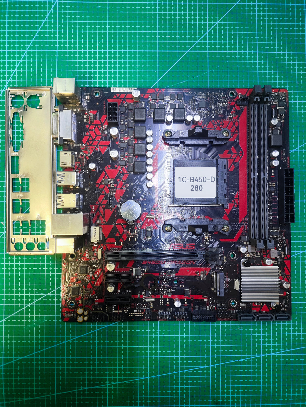 ASUS B450 Motherboard AMD Ryzen AM4 Socket / A520 B350 A320 - Tested Refurbished Board - full board and I/O shield view