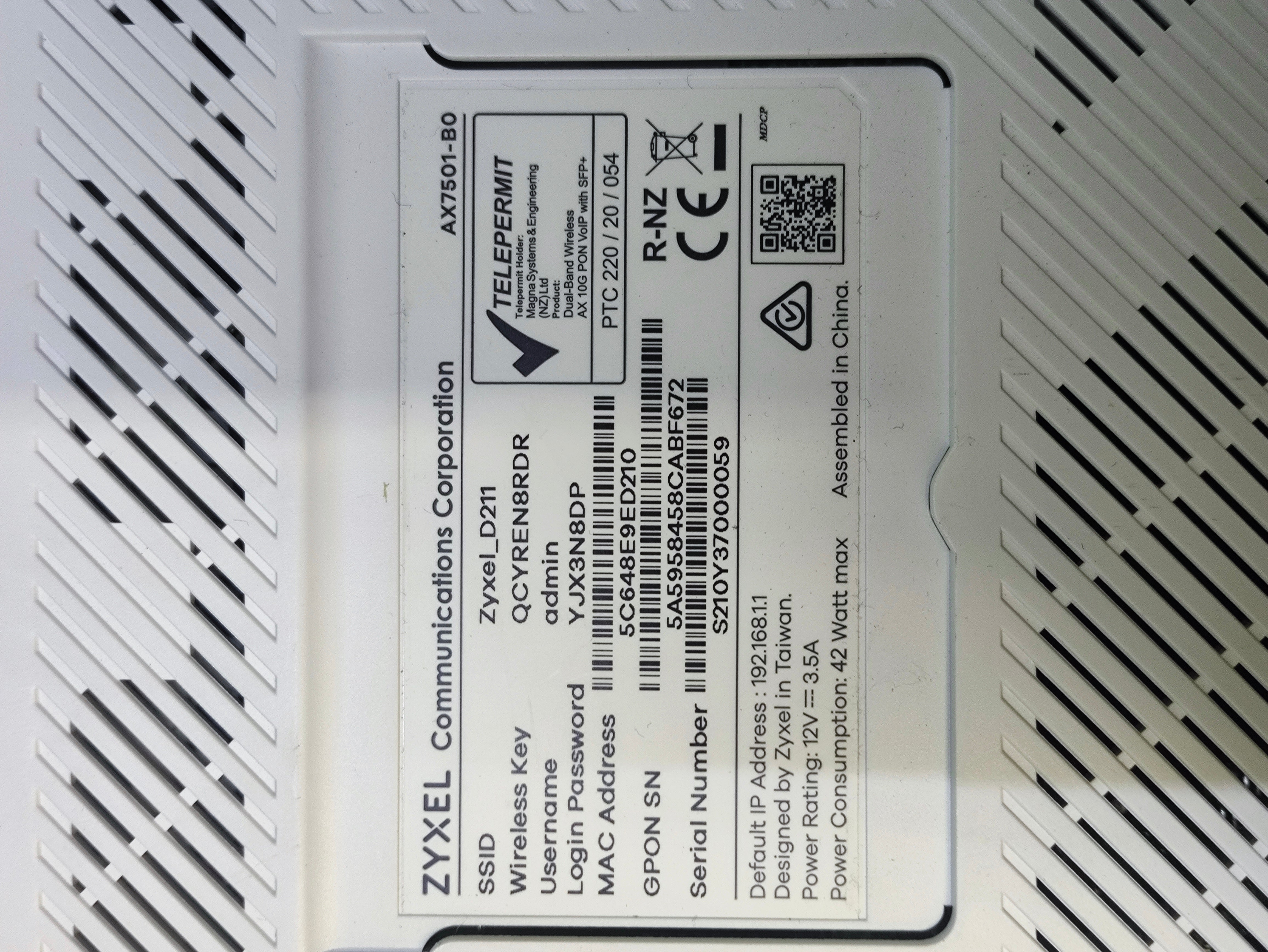 ZYXEL A6000 10Gbps ROUTER Dual-Band Wireless PON VoIP IAD with SFP - box, label or specification detail