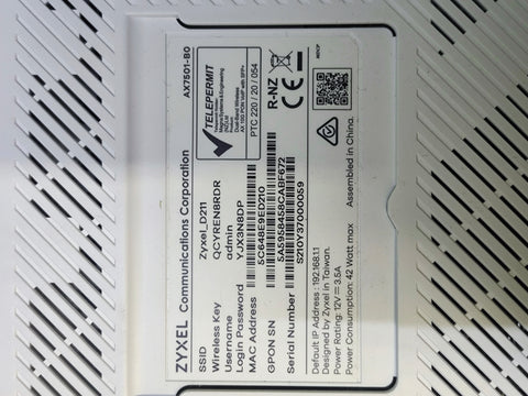 ZYXEL A6000 10Gbps ROUTER Dual-Band Wireless PON VoIP IAD with SFP - box, label or specification detail